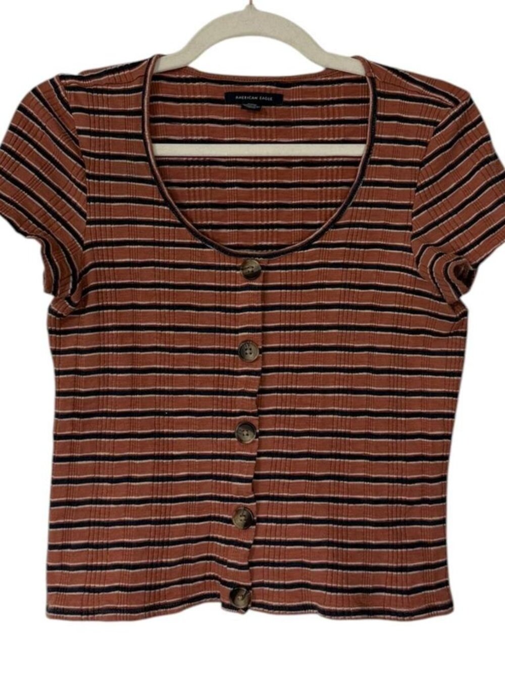 American Eagle Cotton Brown Striped Faux‎ Button Up Top